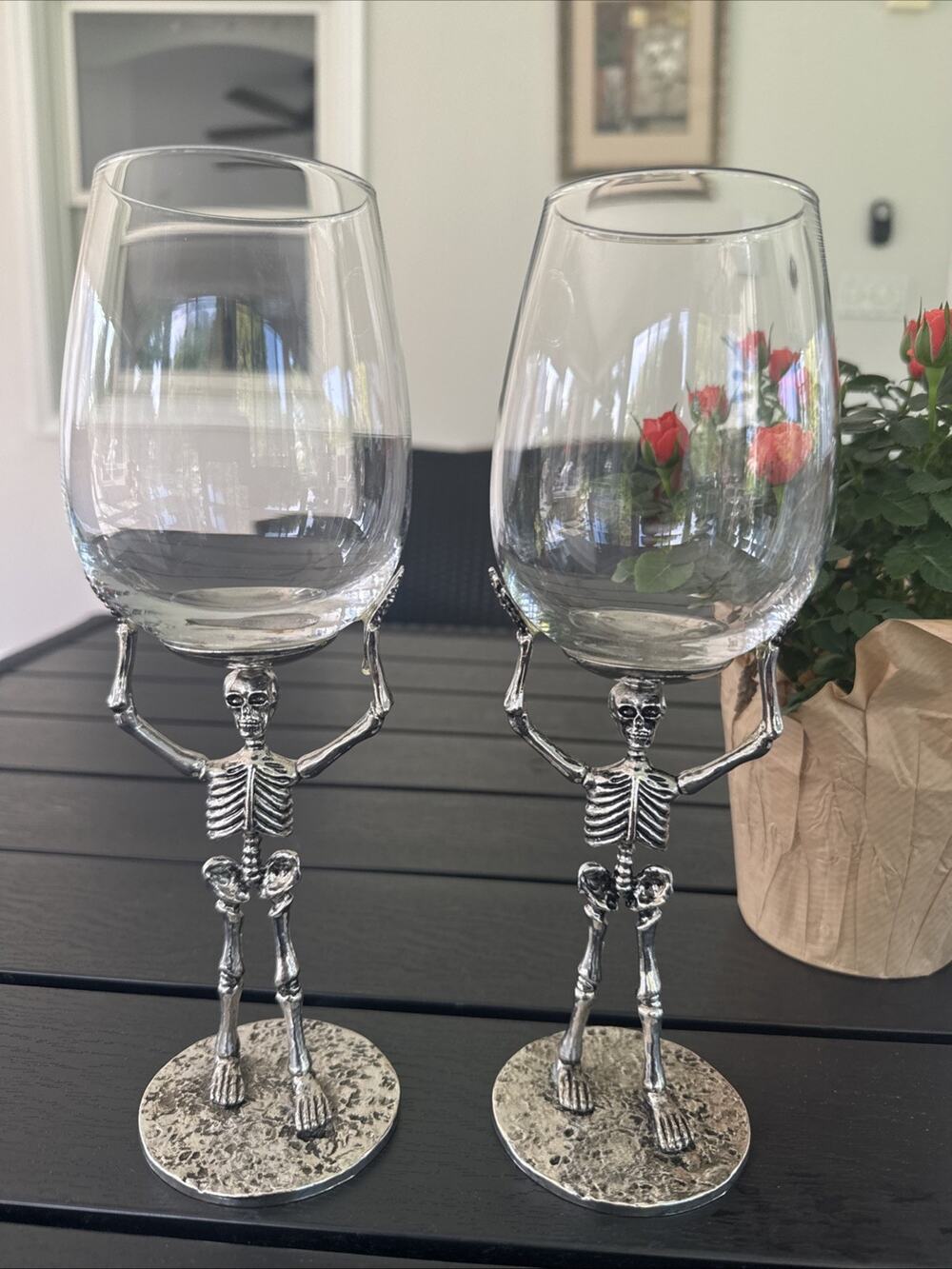 Pottery Barn Halloween Skeleton Silver Metal Wine Goblets 9-5/8” ~ Set Of 2
